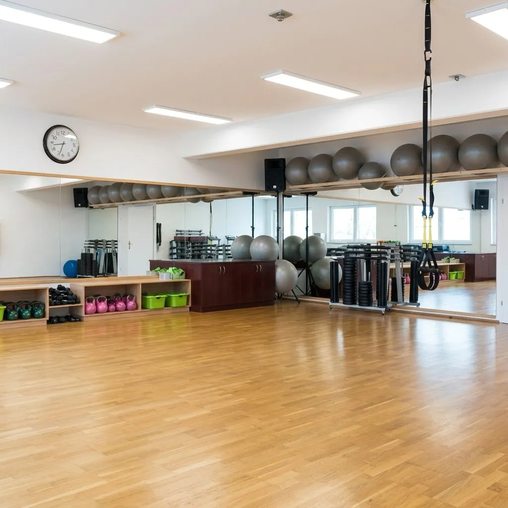 Heller Gymnastikraum mit Spiegelwand und Gymnastikbällen