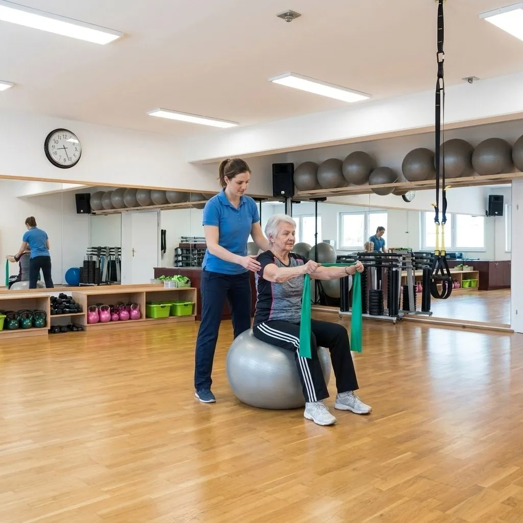 Therapeutin begleitet eine Seniorin bei einer Übung mit Theraband