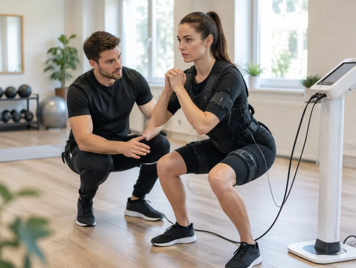 Personal Trainer begleitet eine Kundin im EMS-Anzug bei einer Kniebeuge